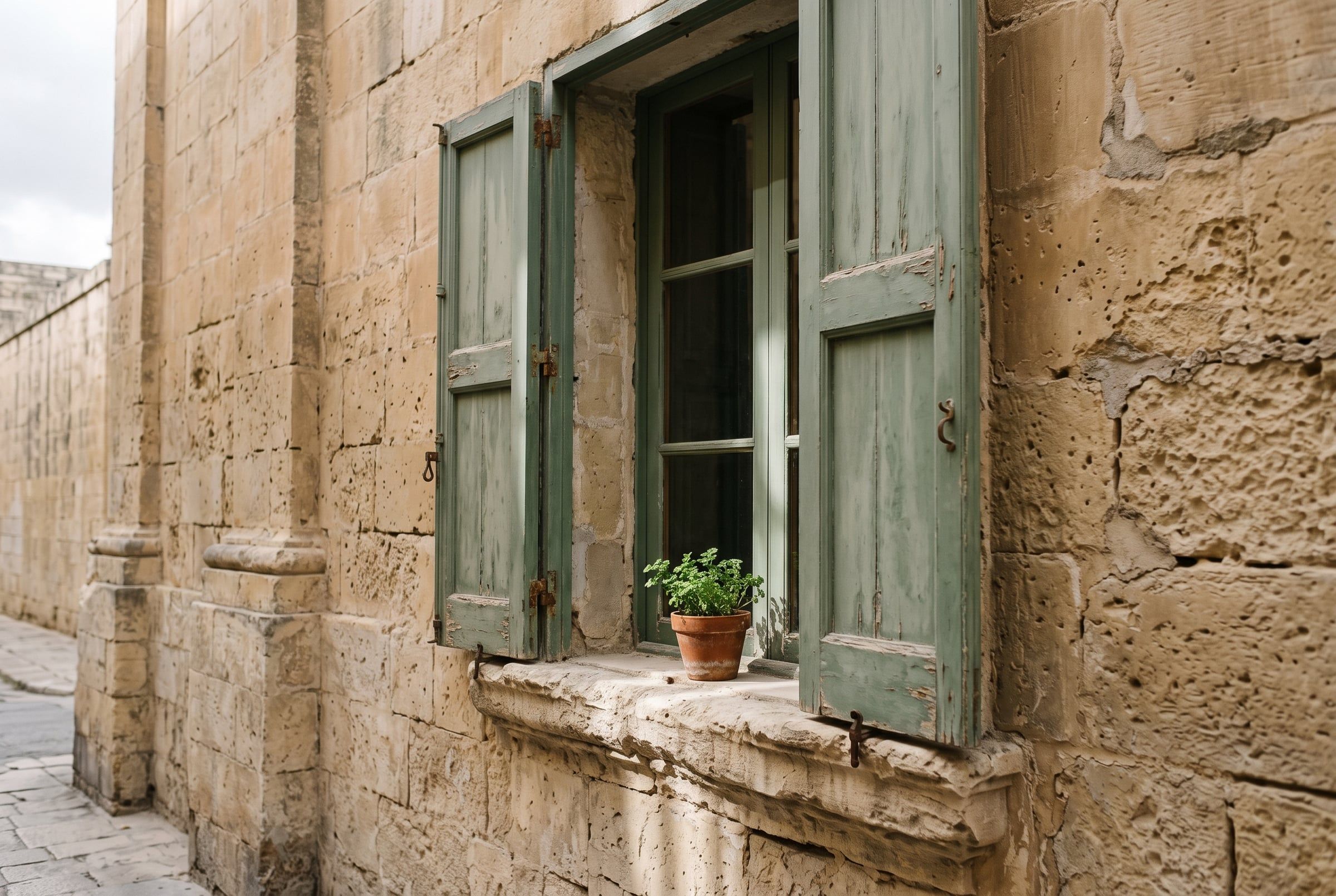Green wooden shutters and a small potted herb on a limestone windowsill in a Maltese street
