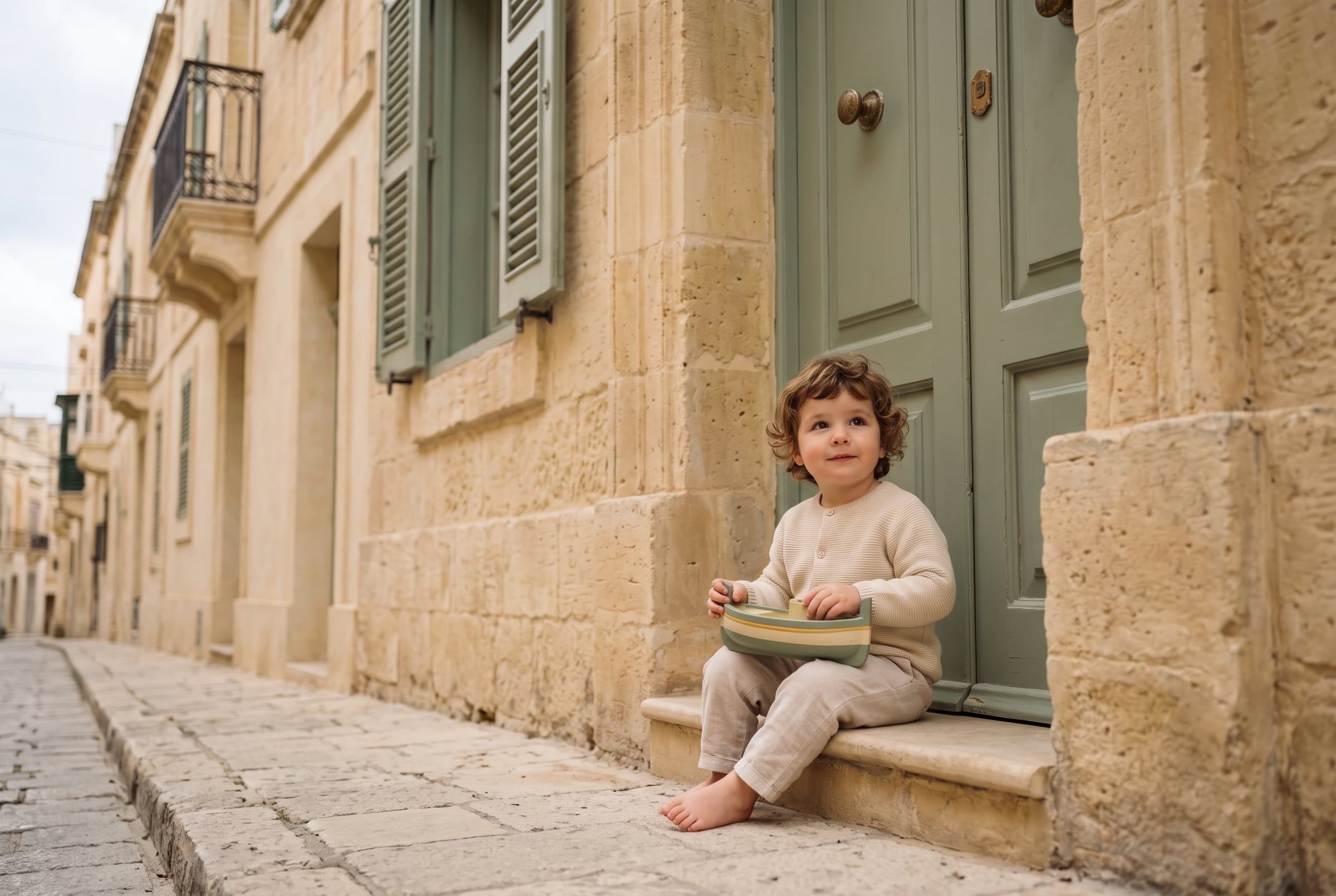 A small child with curly hair sitting on a limestone doorstep in Valletta, holding a wooden toy boat