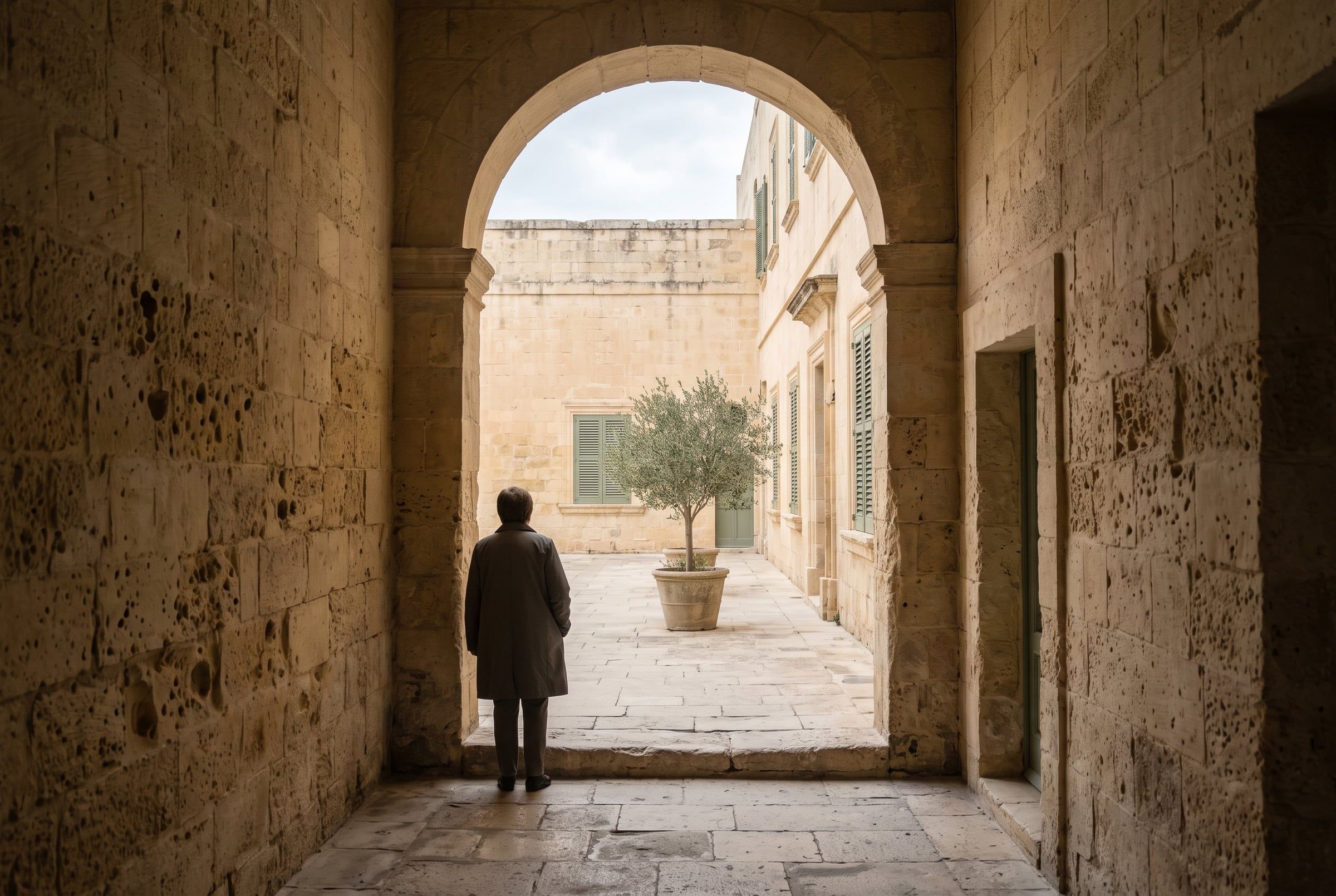 A person standing at an open stone archway that looks out onto a sunlit limestone courtyard