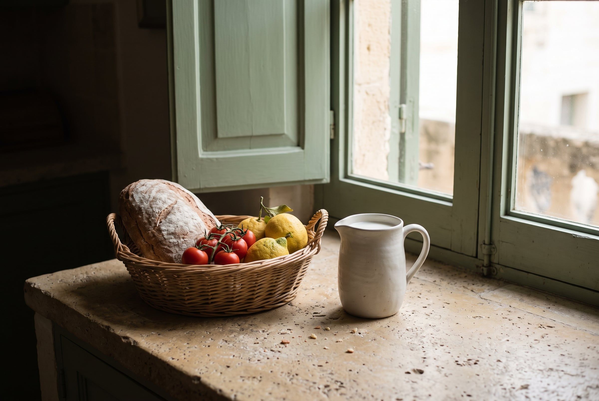 A basket of bread, fruit and a jug of milk on a limestone kitchen counter