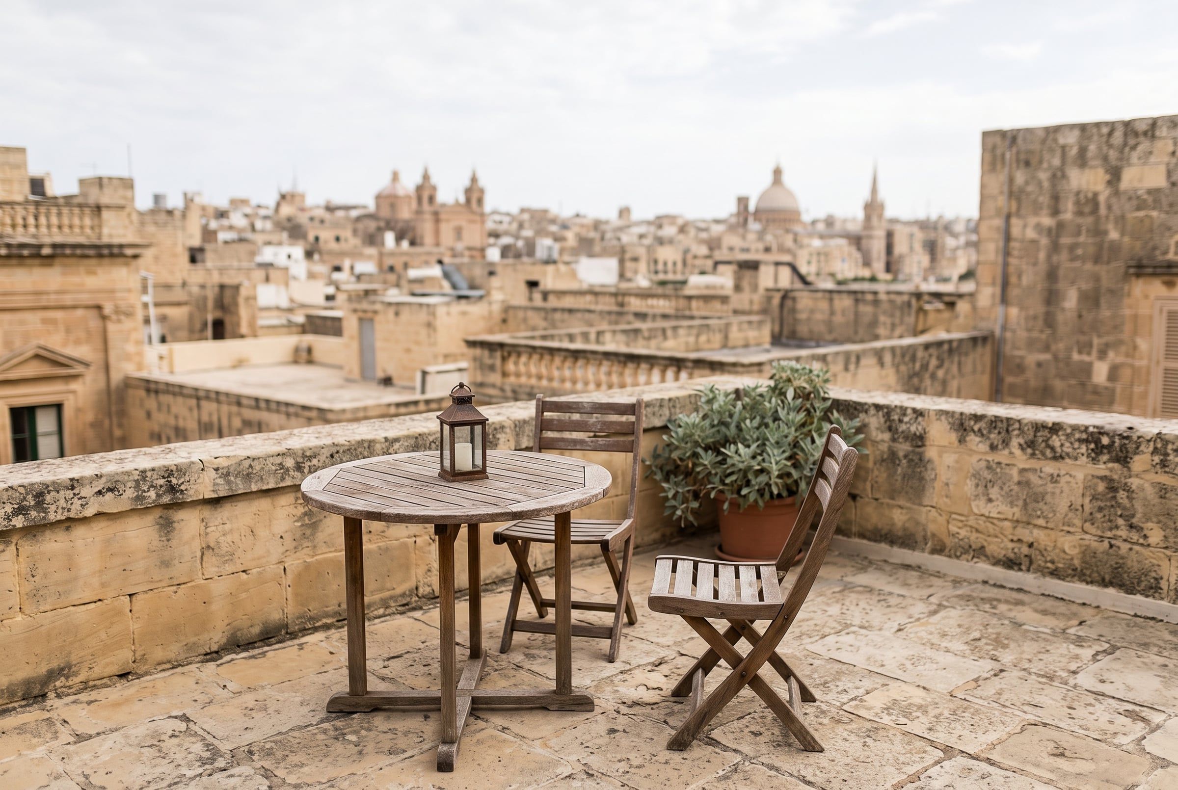 Two chairs set apart at a small table on a quiet limestone terrace