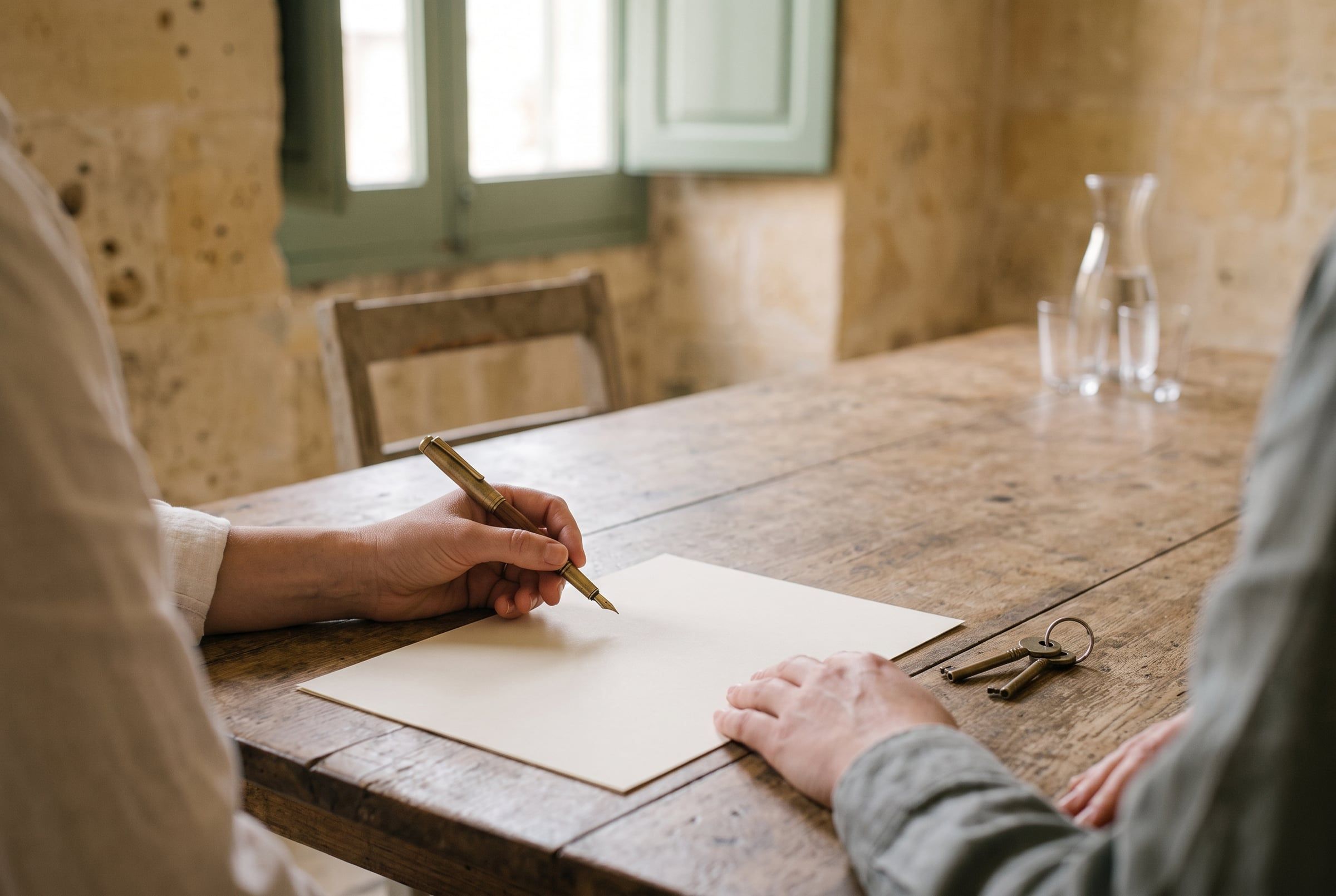 Two people's hands side by side at a desk with a pen and a set of keys