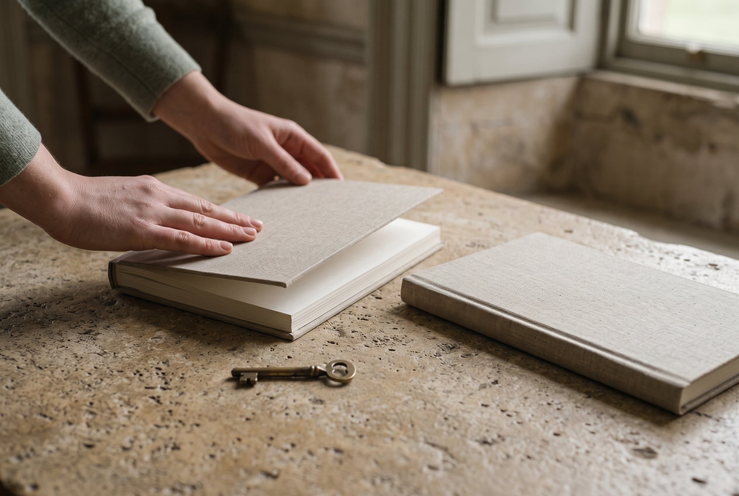 Hands closing a linen ledger on a stone table, with a second ledger and a small brass key beside it