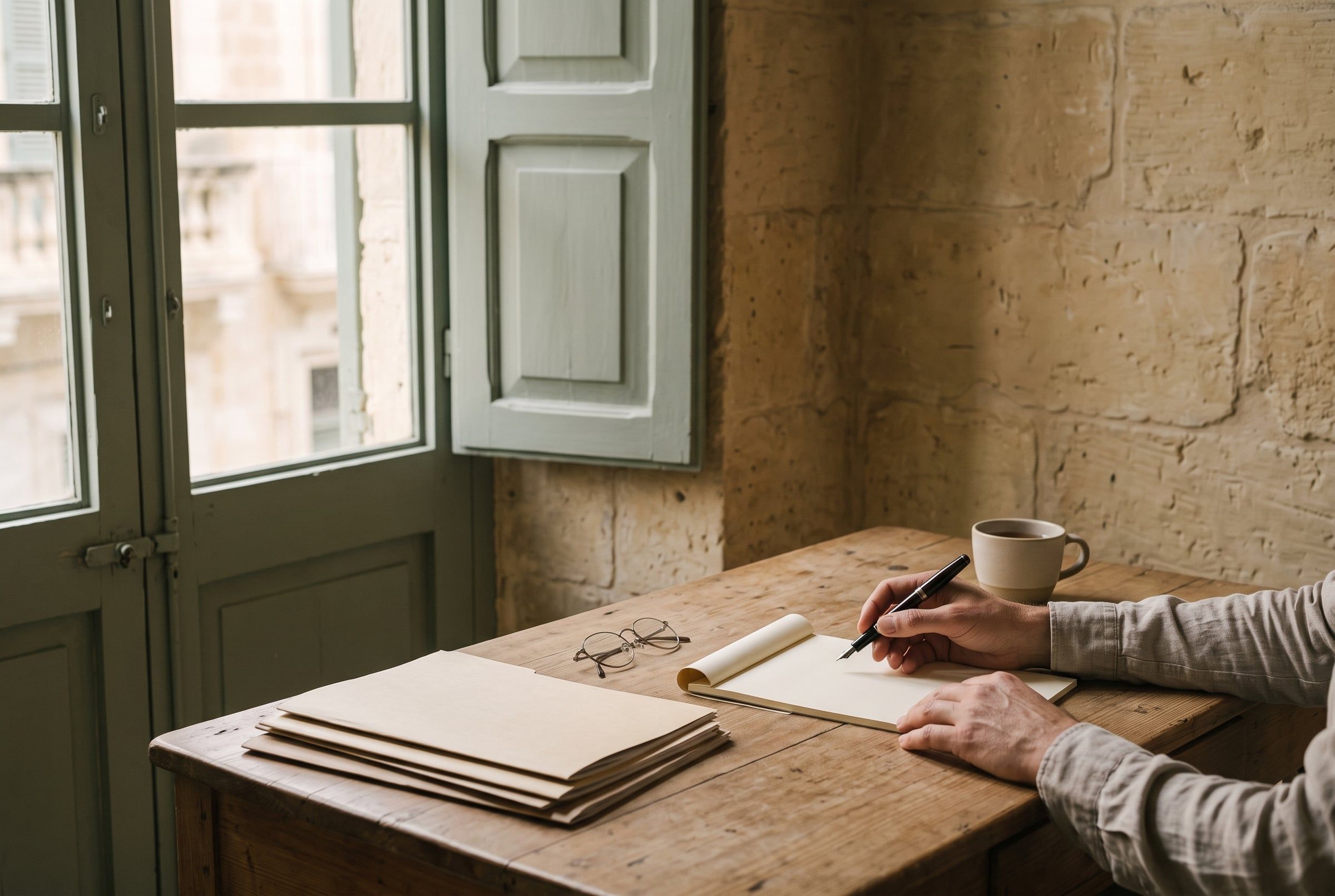 A desk with tidy papers, a pen and a cup of tea
