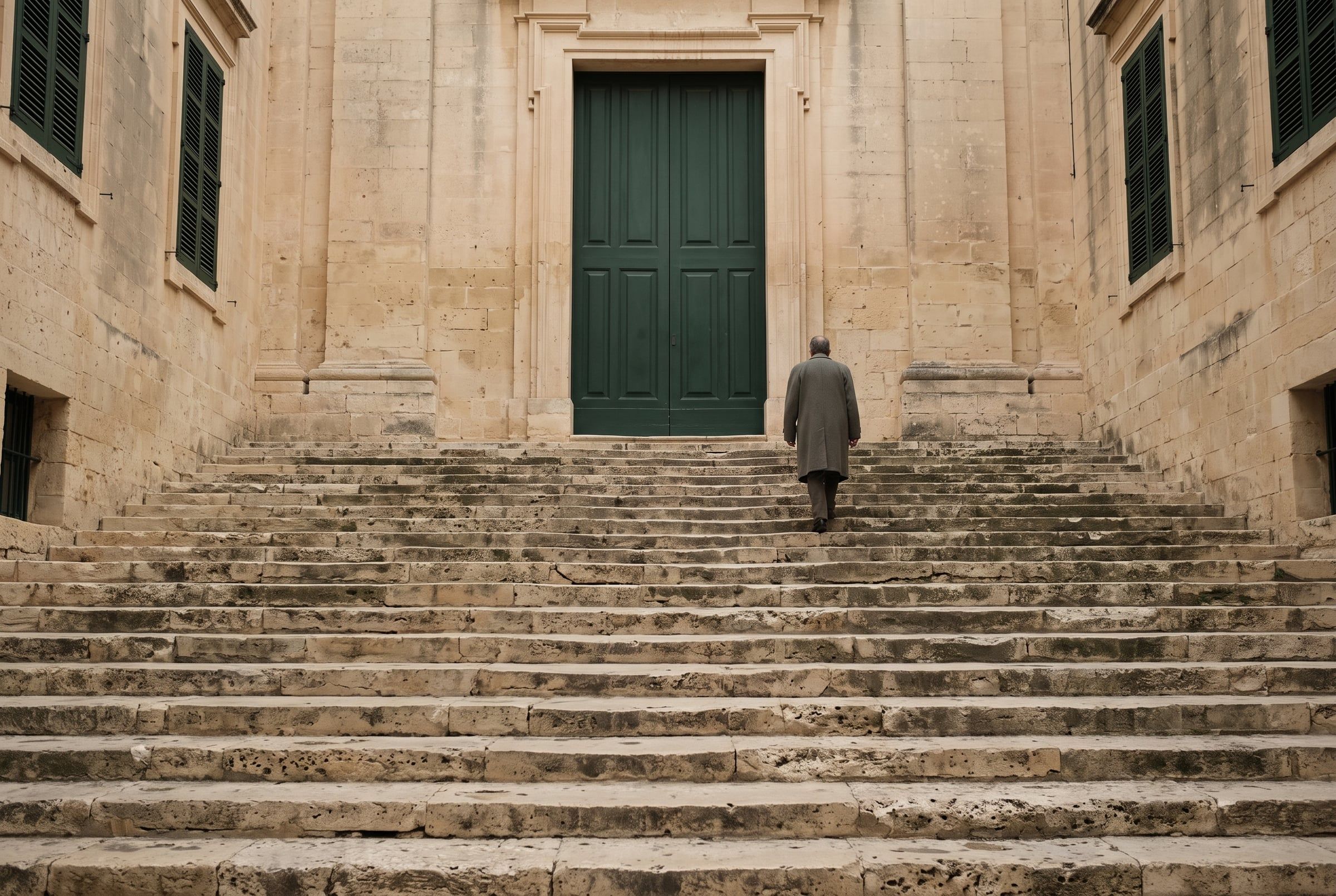 Worn limestone steps leading to tall green doors