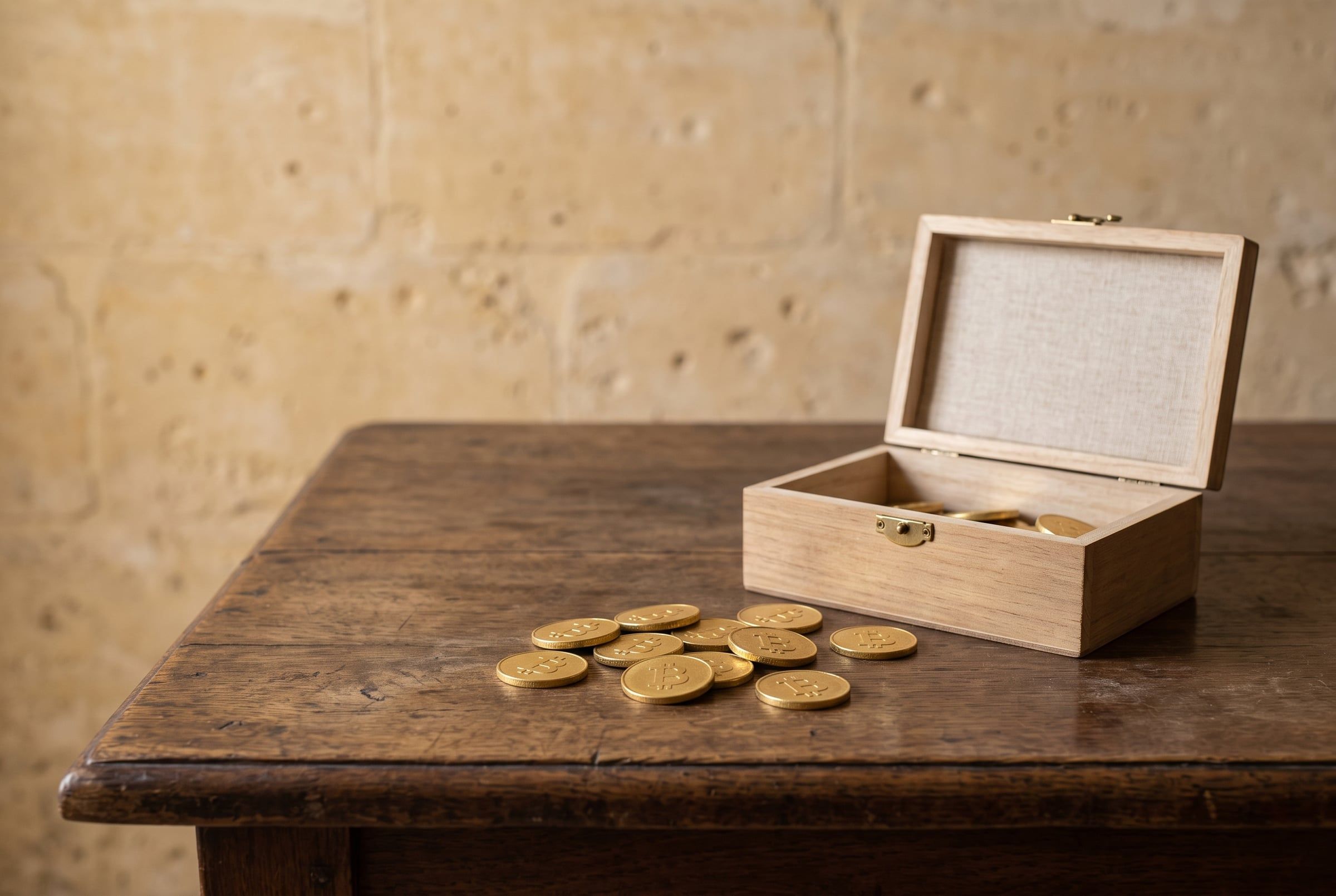 Gold coins marked with the bitcoin symbol on a wooden table beside an open wooden box lined with linen