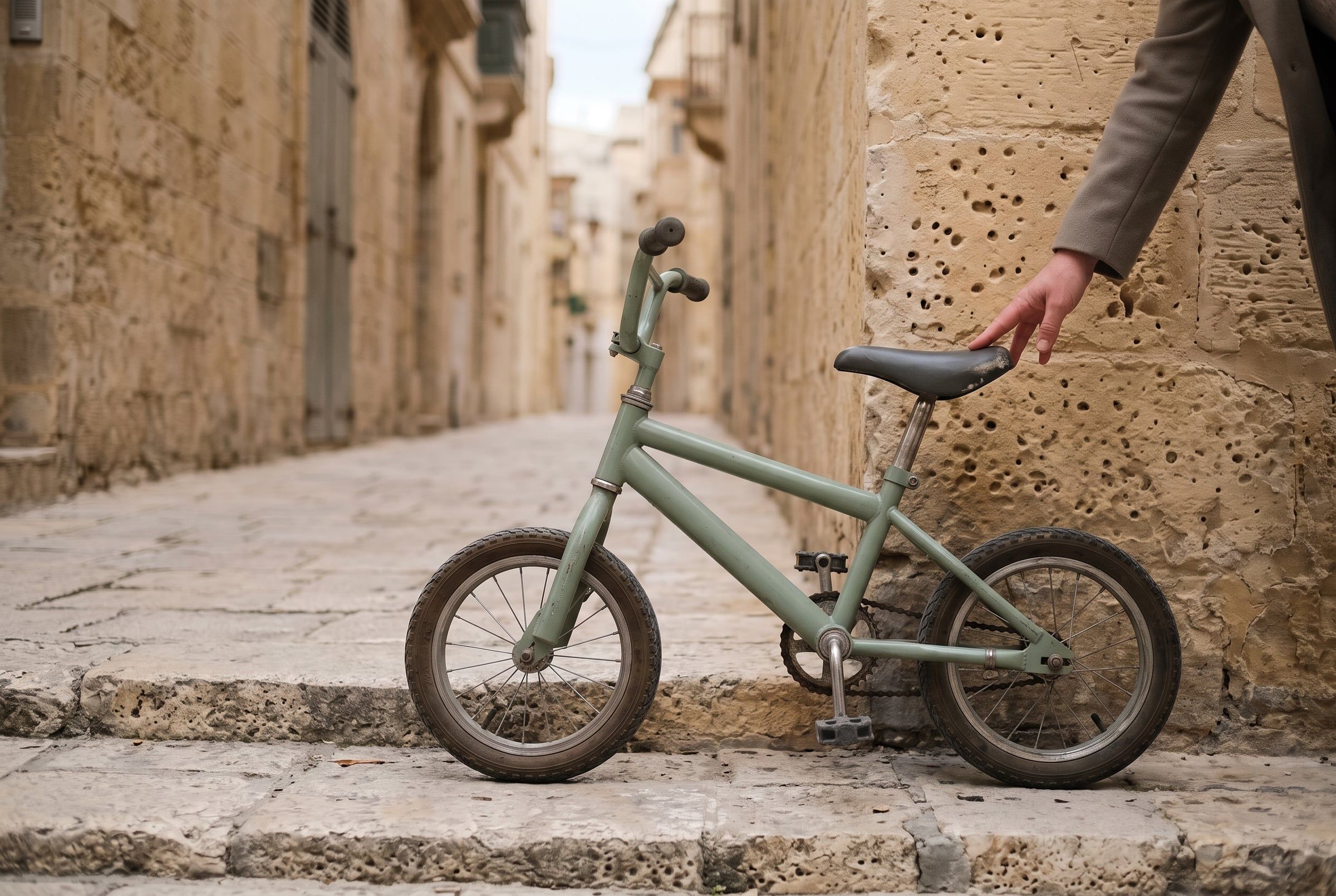A child's small bicycle steadied by an adult's hand against a limestone wall