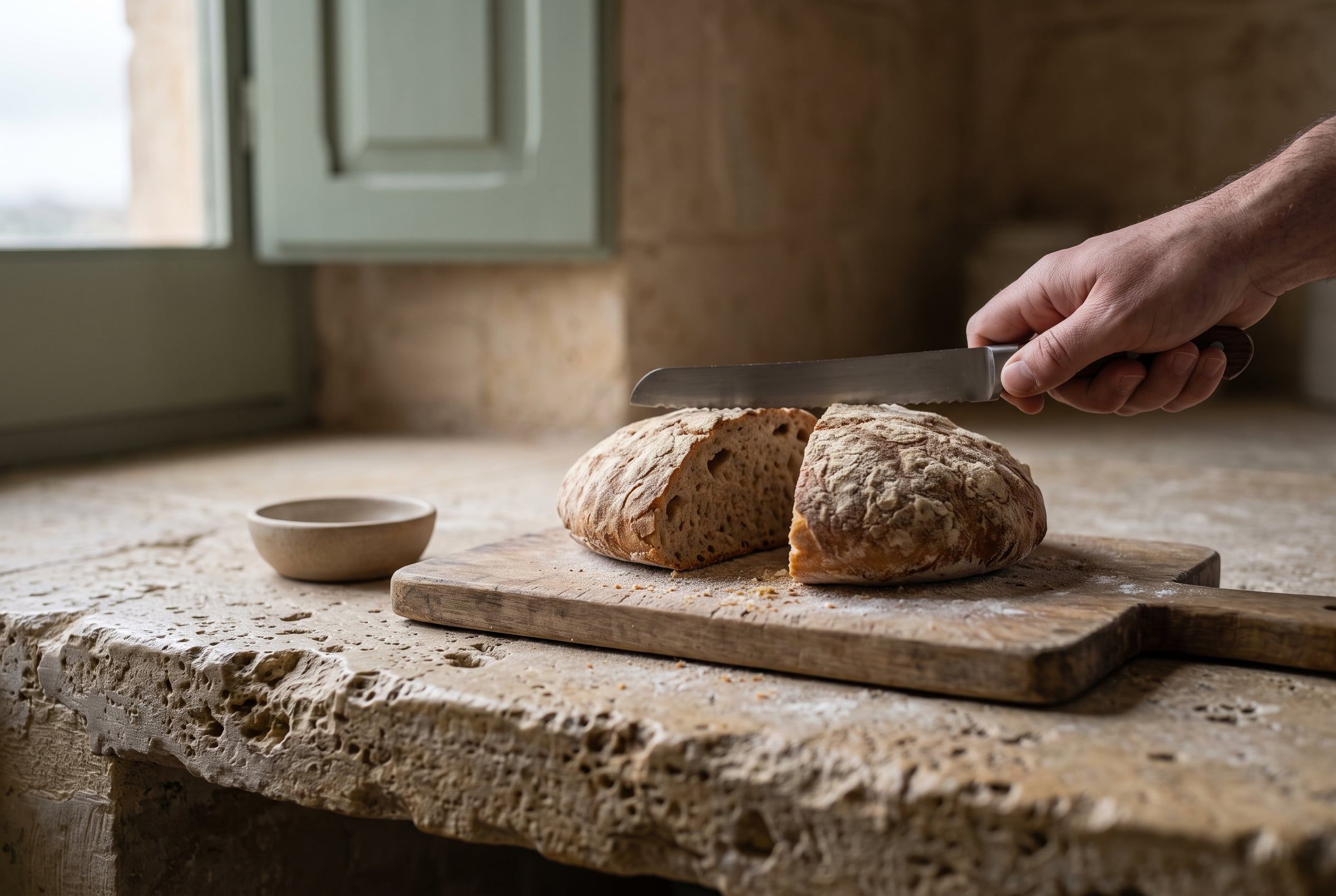 A hand with a knife over a loaf of bread cut into two halves on a wooden board
