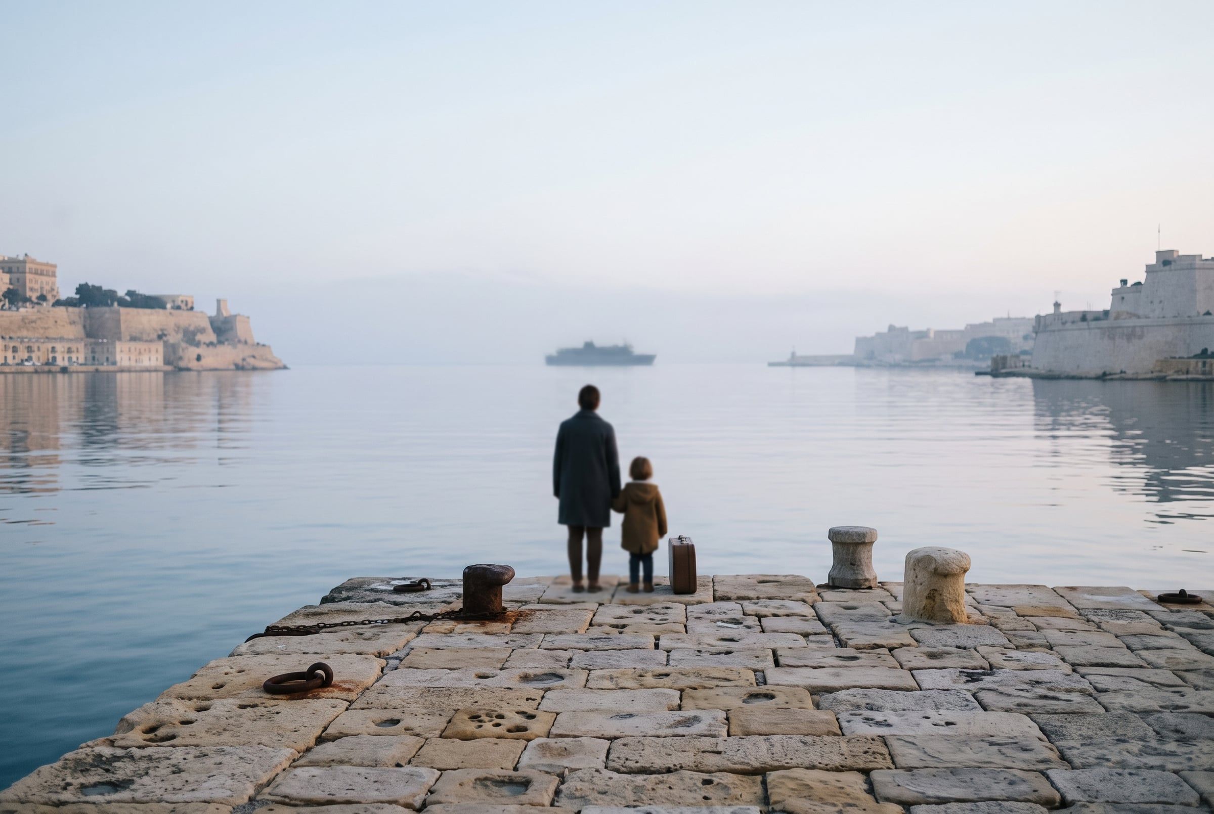An adult and child with a small suitcase at the edge of a quay at dawn