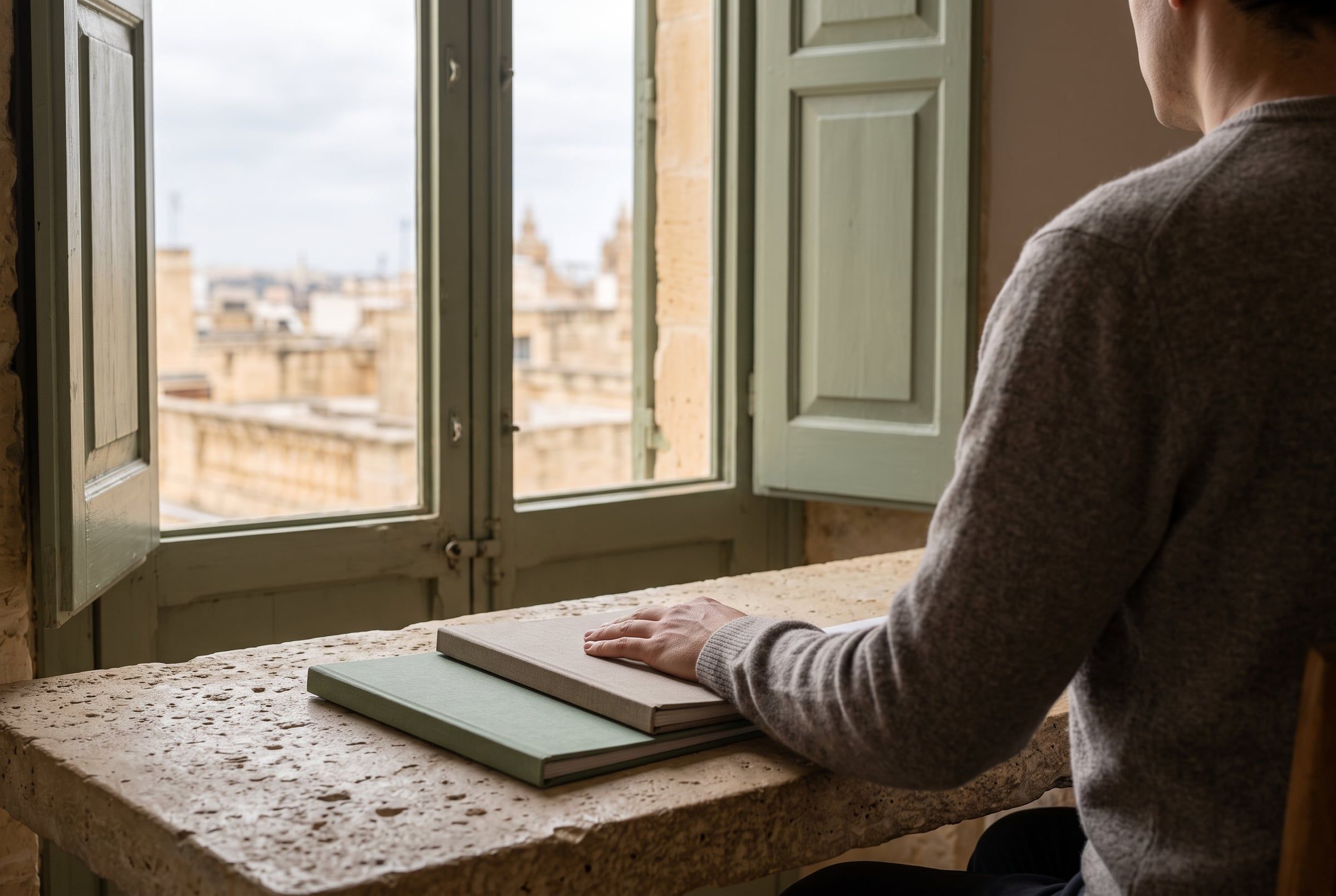 A person seen from behind with a hand resting on two linen folders at a desk by a window