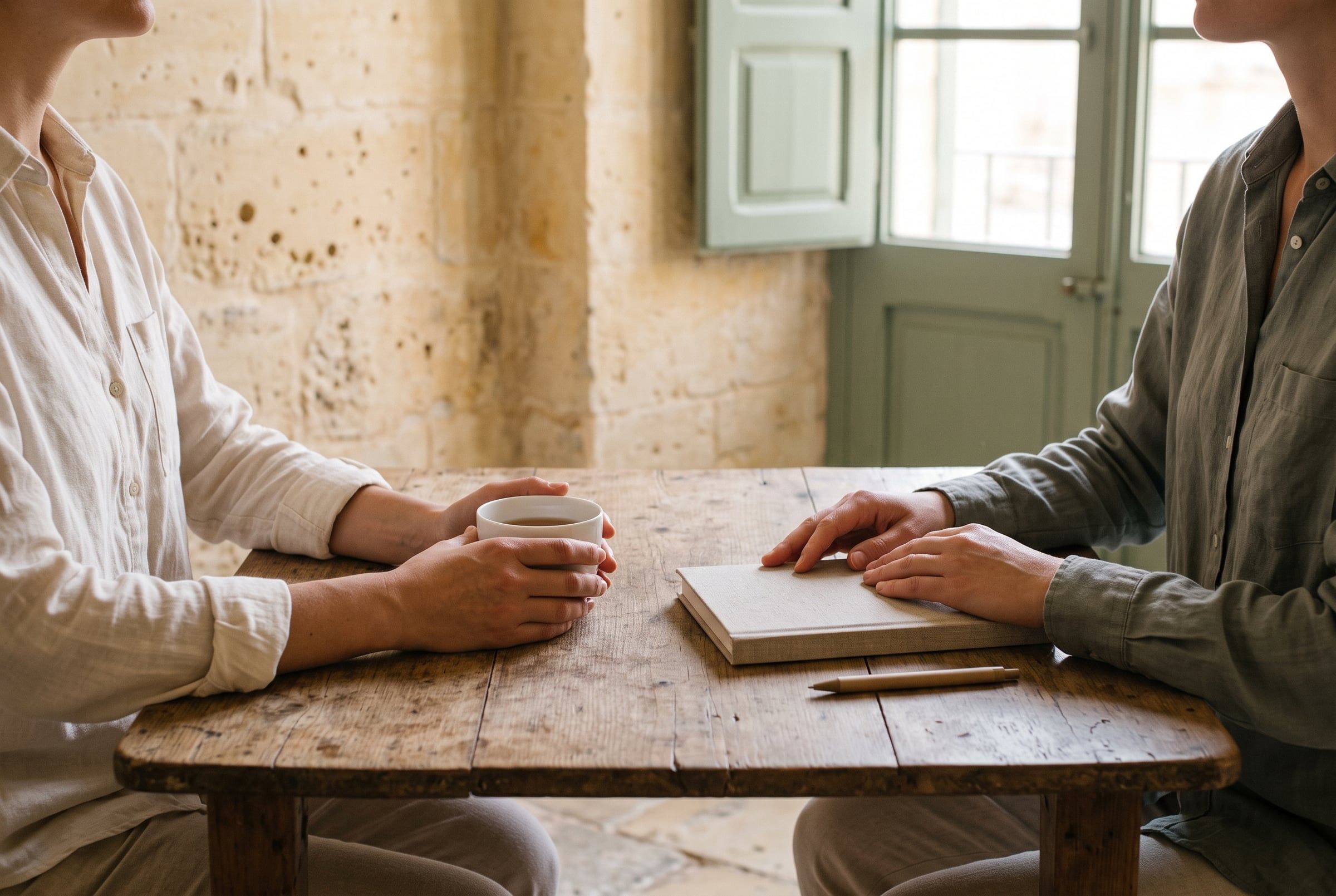 Two people talking at a table over tea and a notebook