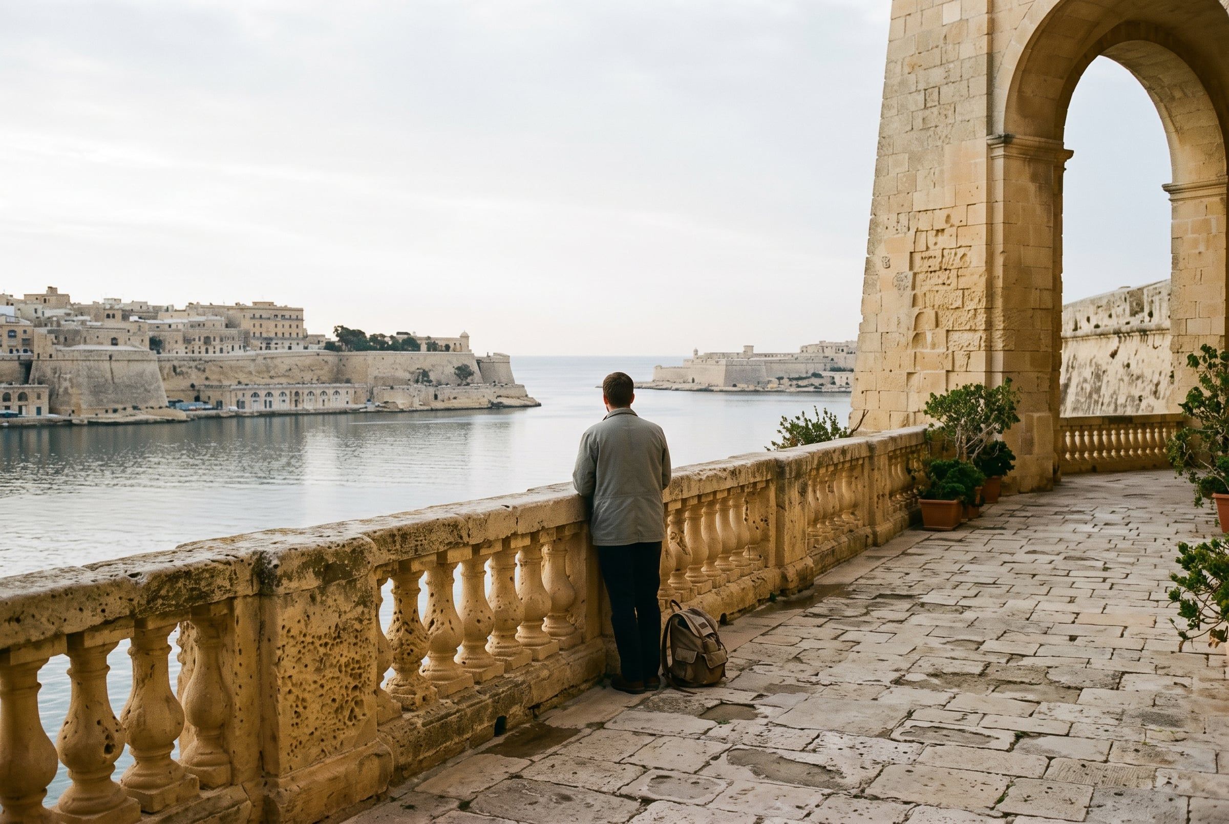 A traveller looking out over the Grand Harbour from a limestone balustrade