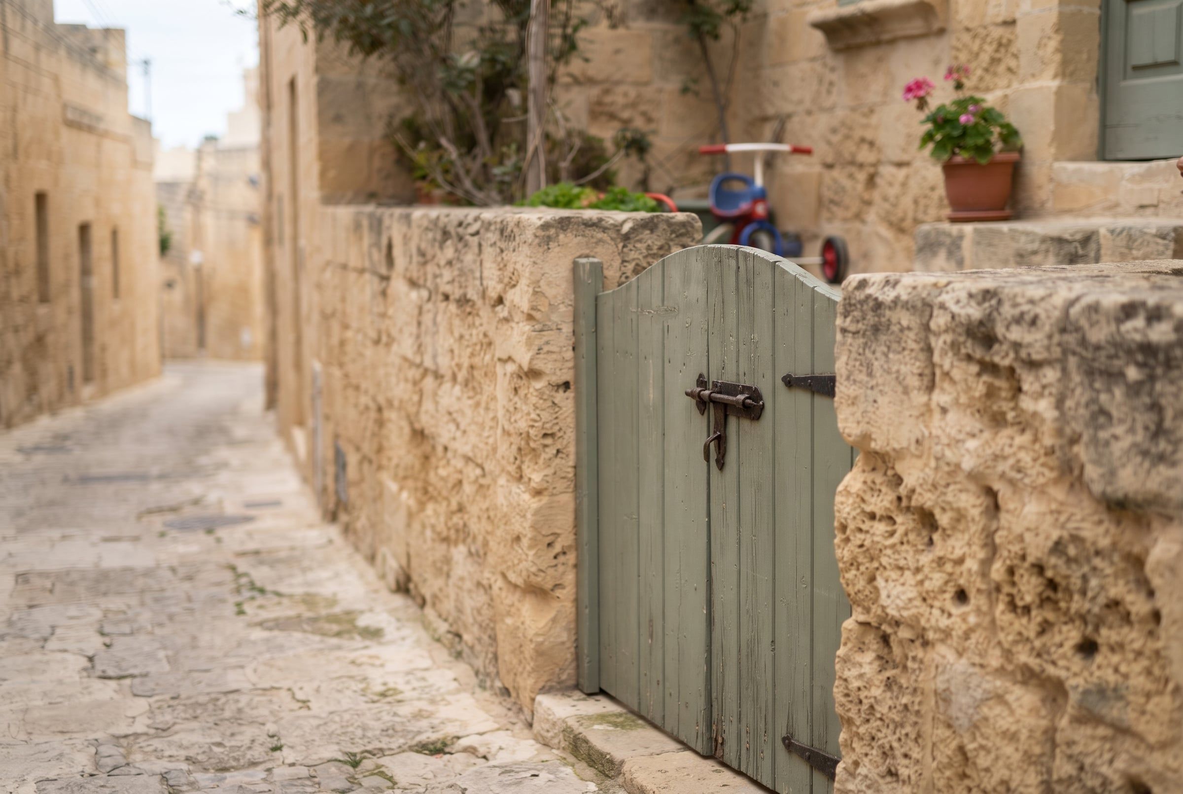 A closed sage-green wooden gate in a limestone wall, with a child’s tricycle and a geranium glimpsed in the courtyard behind