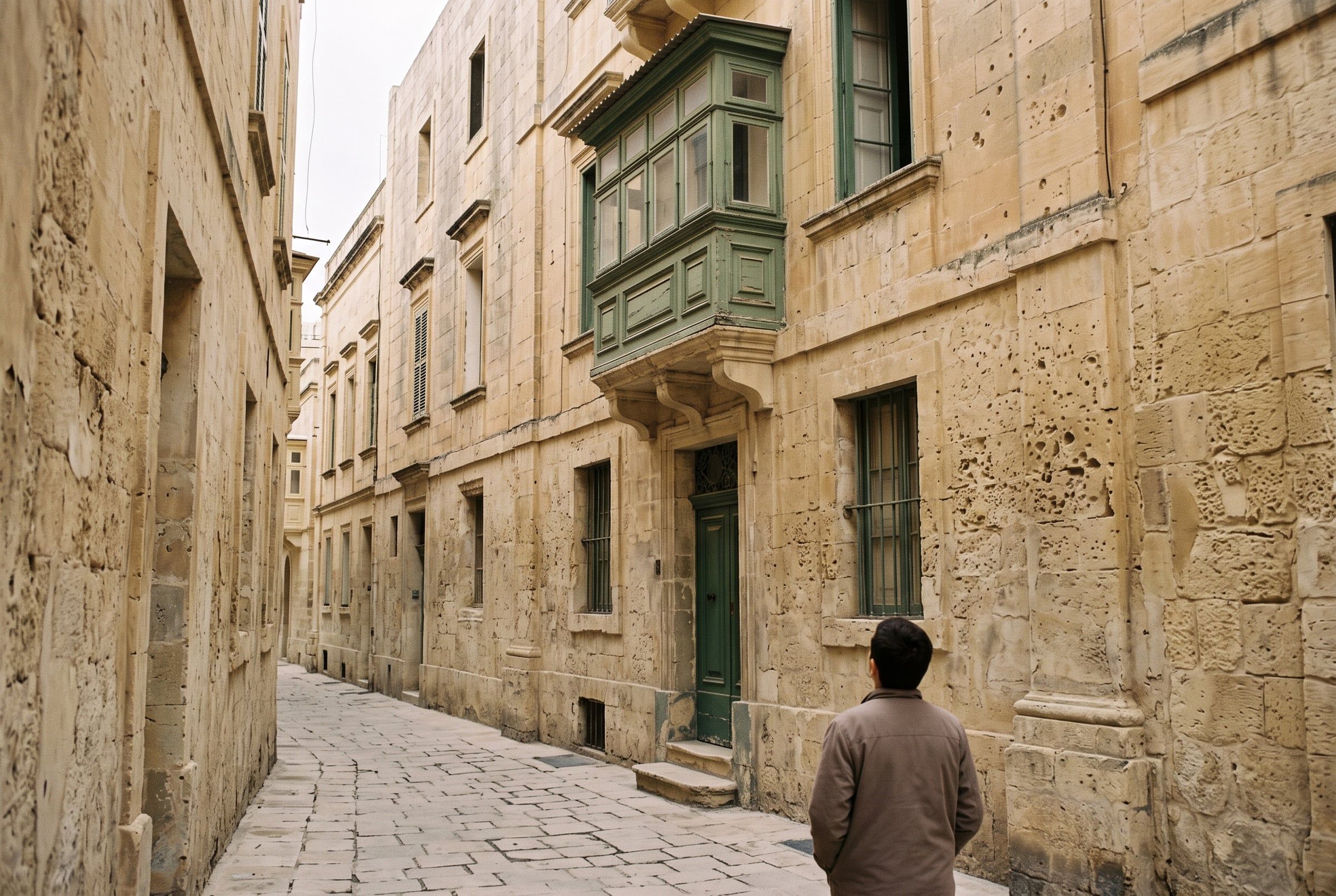 A person seen from behind looking up at a limestone townhouse with a green balcony