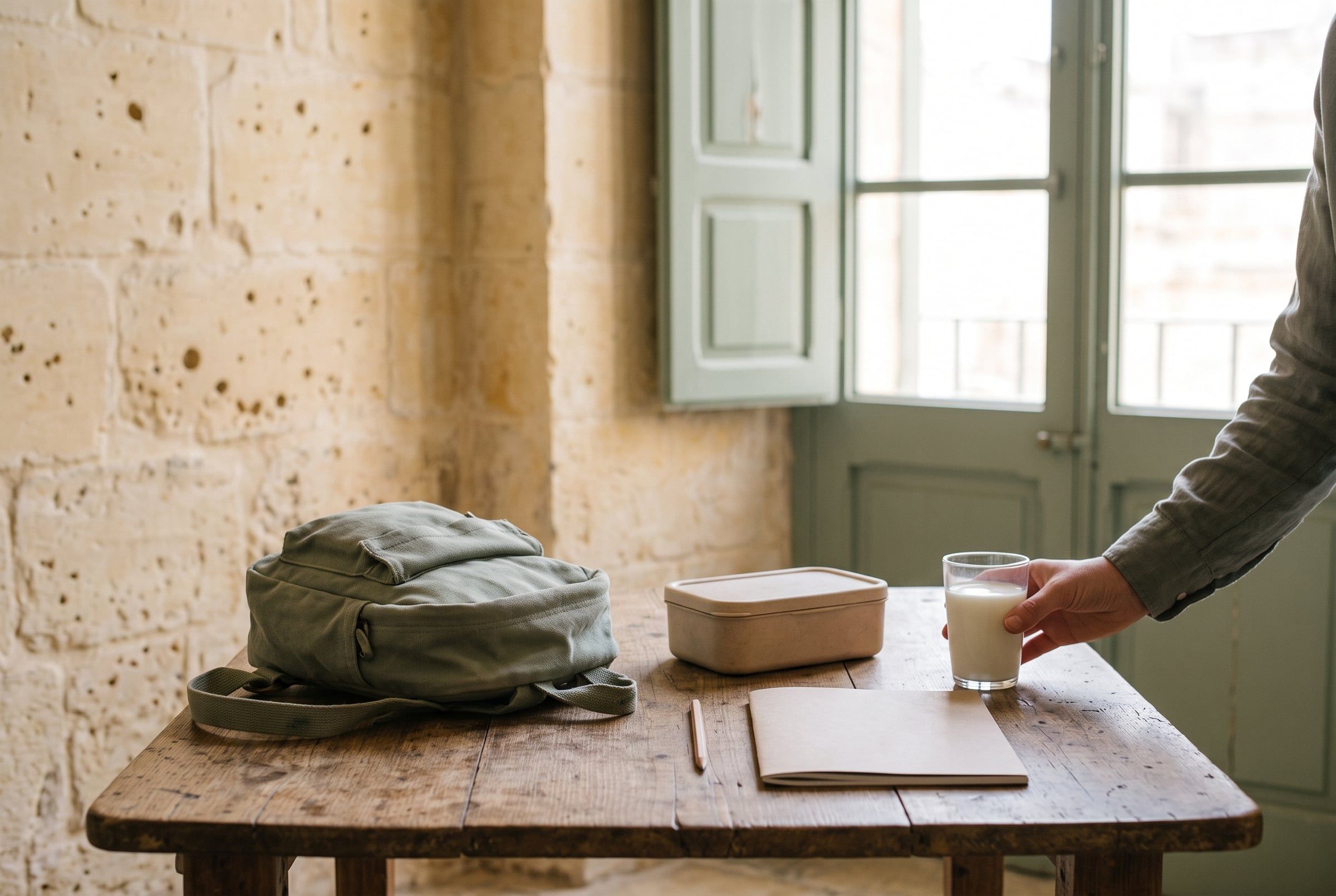 A school bag, lunchbox and pencil on a kitchen table