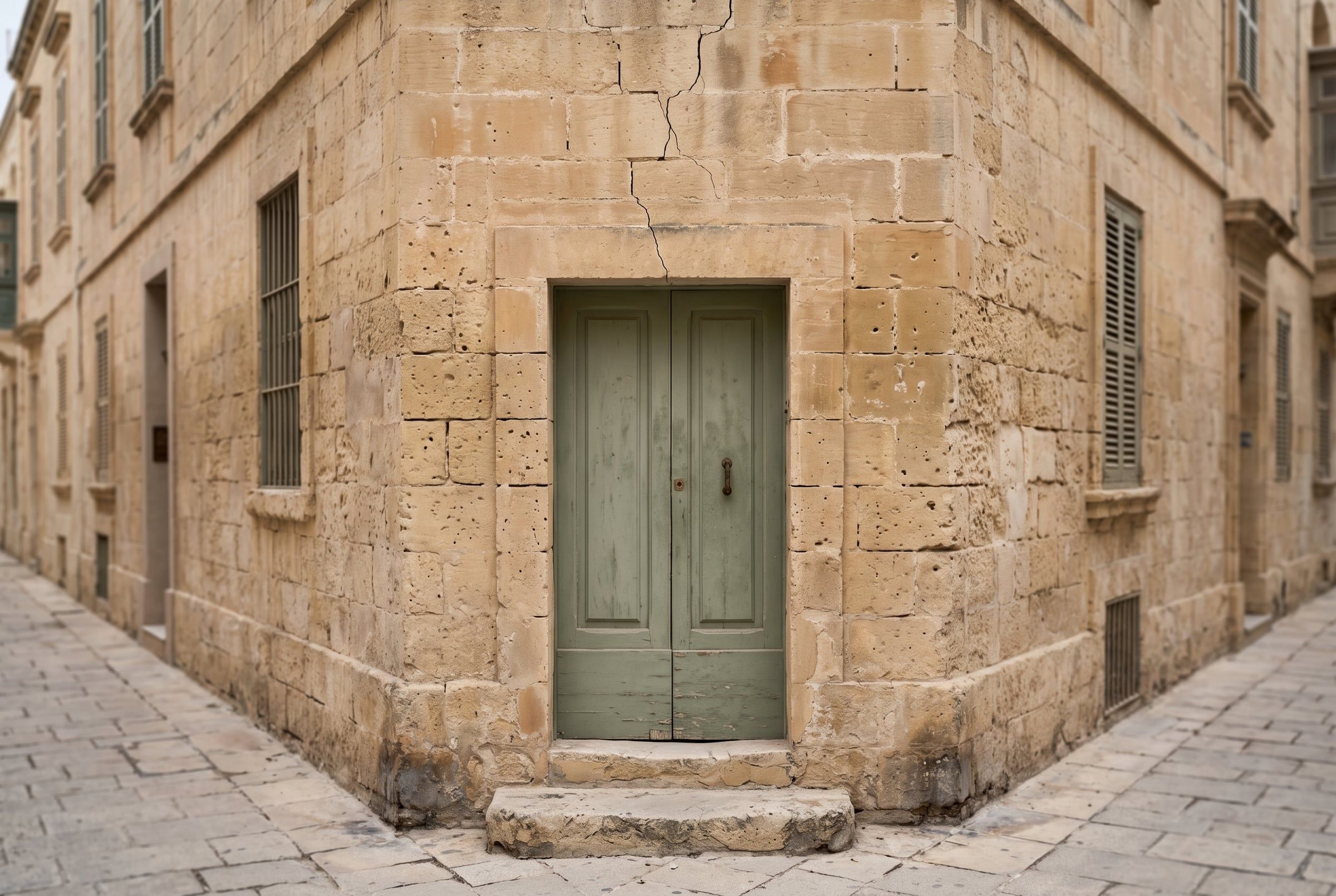 A closed sage-green door in a limestone wall with a fine crack running through the stonework above it