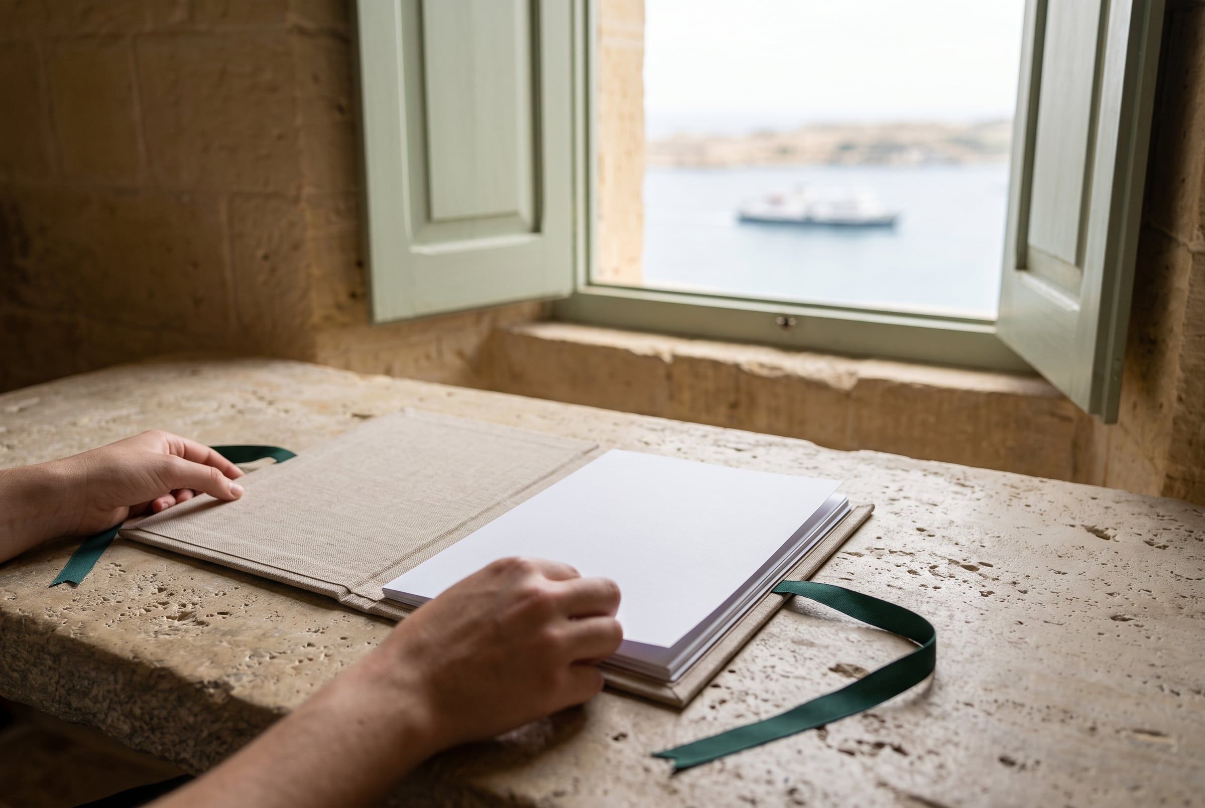 Hands resting on a linen folder of blank papers on a stone desk beside an open window overlooking the harbour