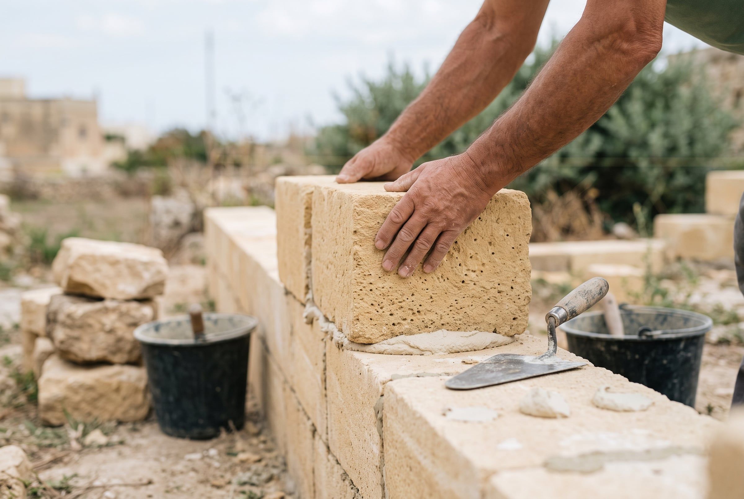 Hands setting a limestone block onto a half-built wall with a trowel