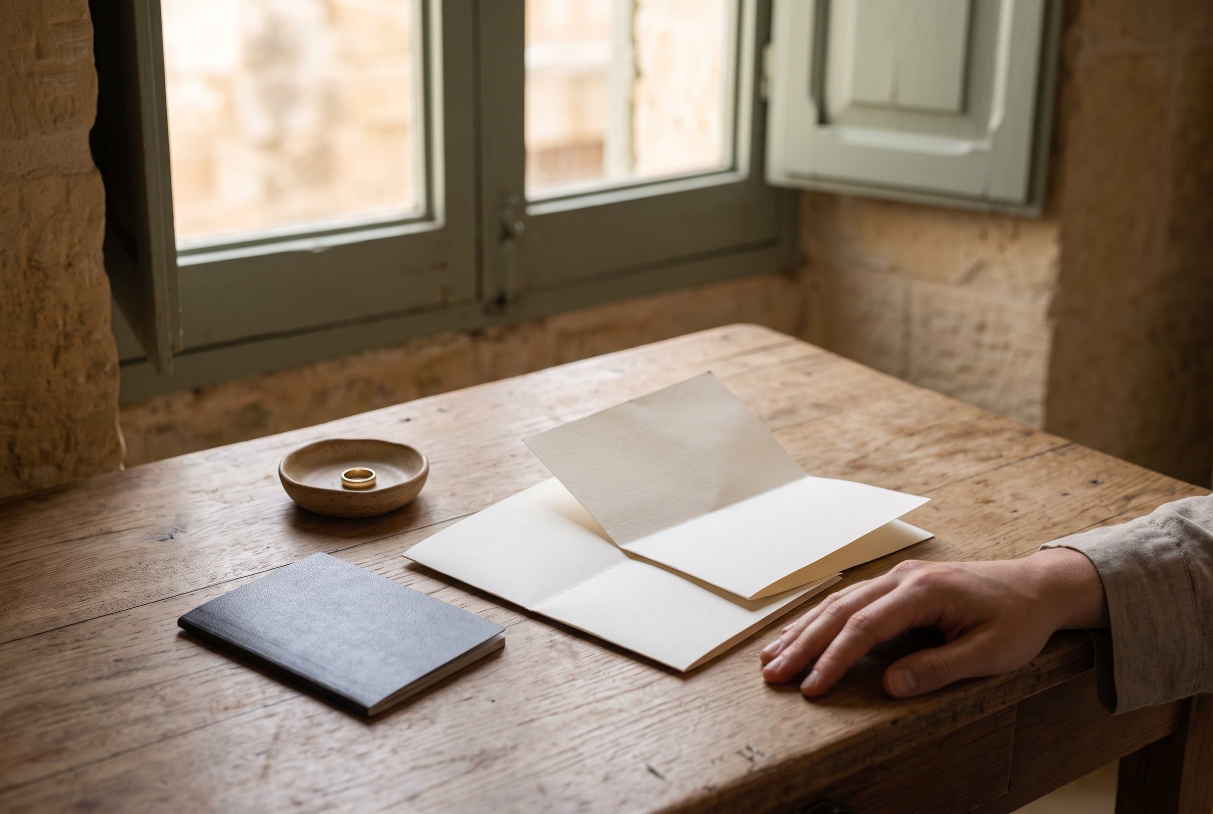 A passport, folded papers and a ring on a desk