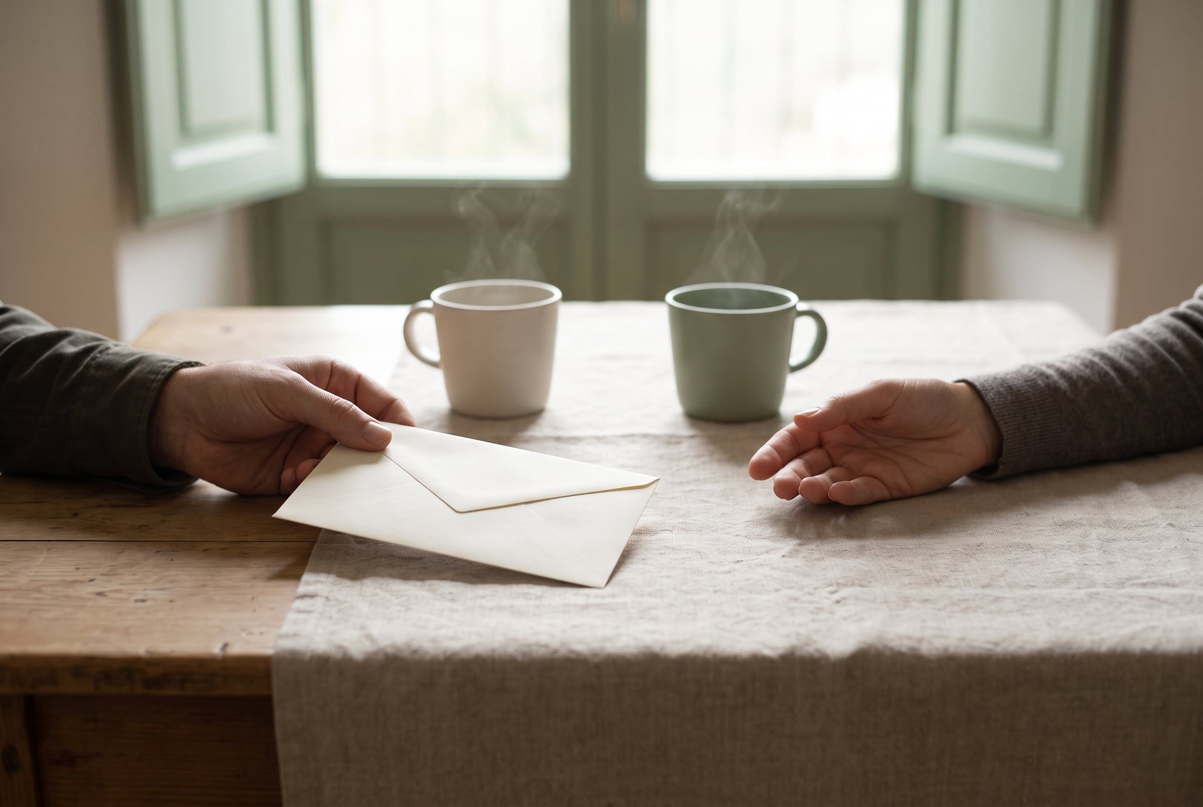 One hand sliding an envelope across a kitchen table towards another hand