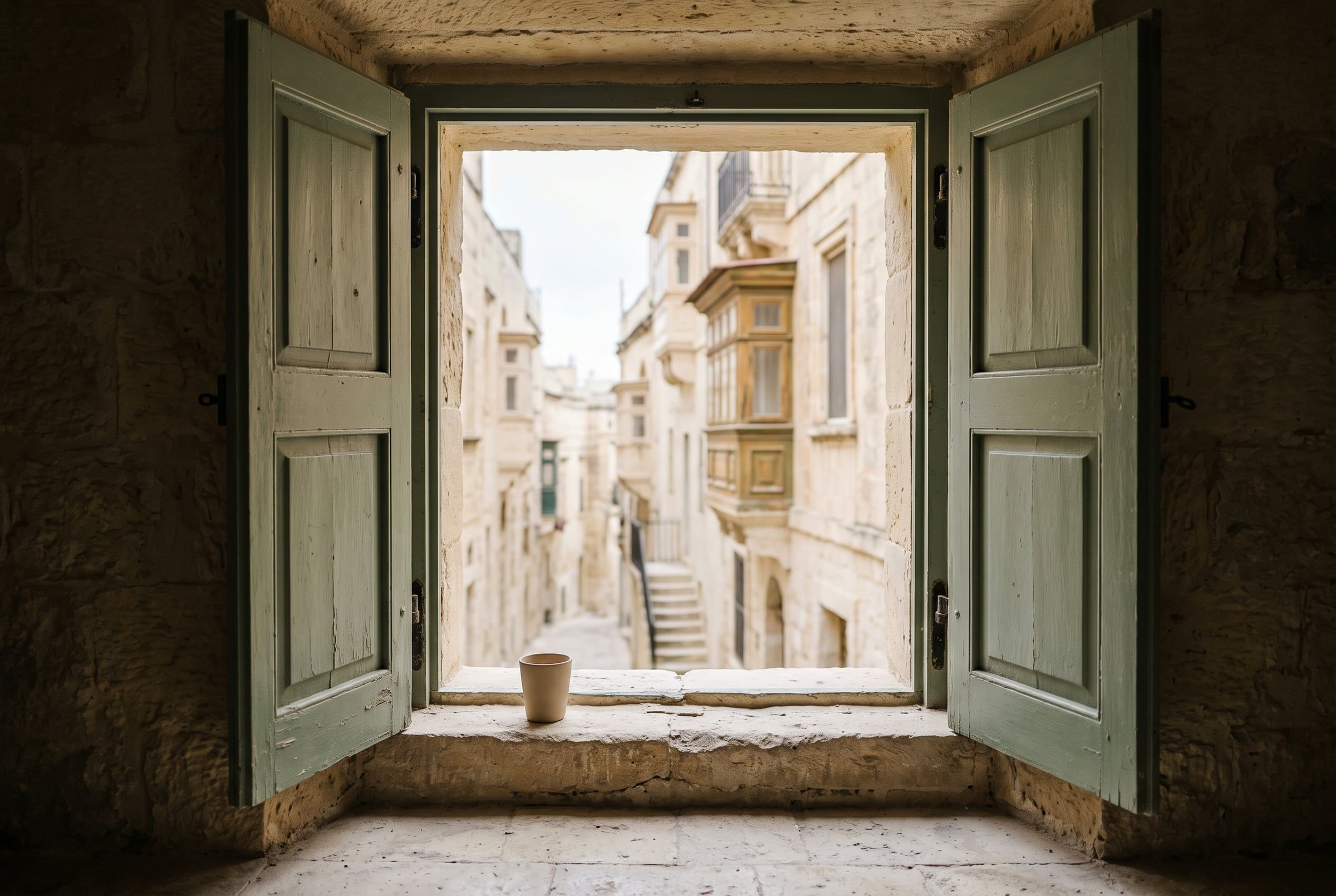 Open sage-green shutters folded back at a limestone window, with a plain cup on the ledge and a Valletta lane beyond