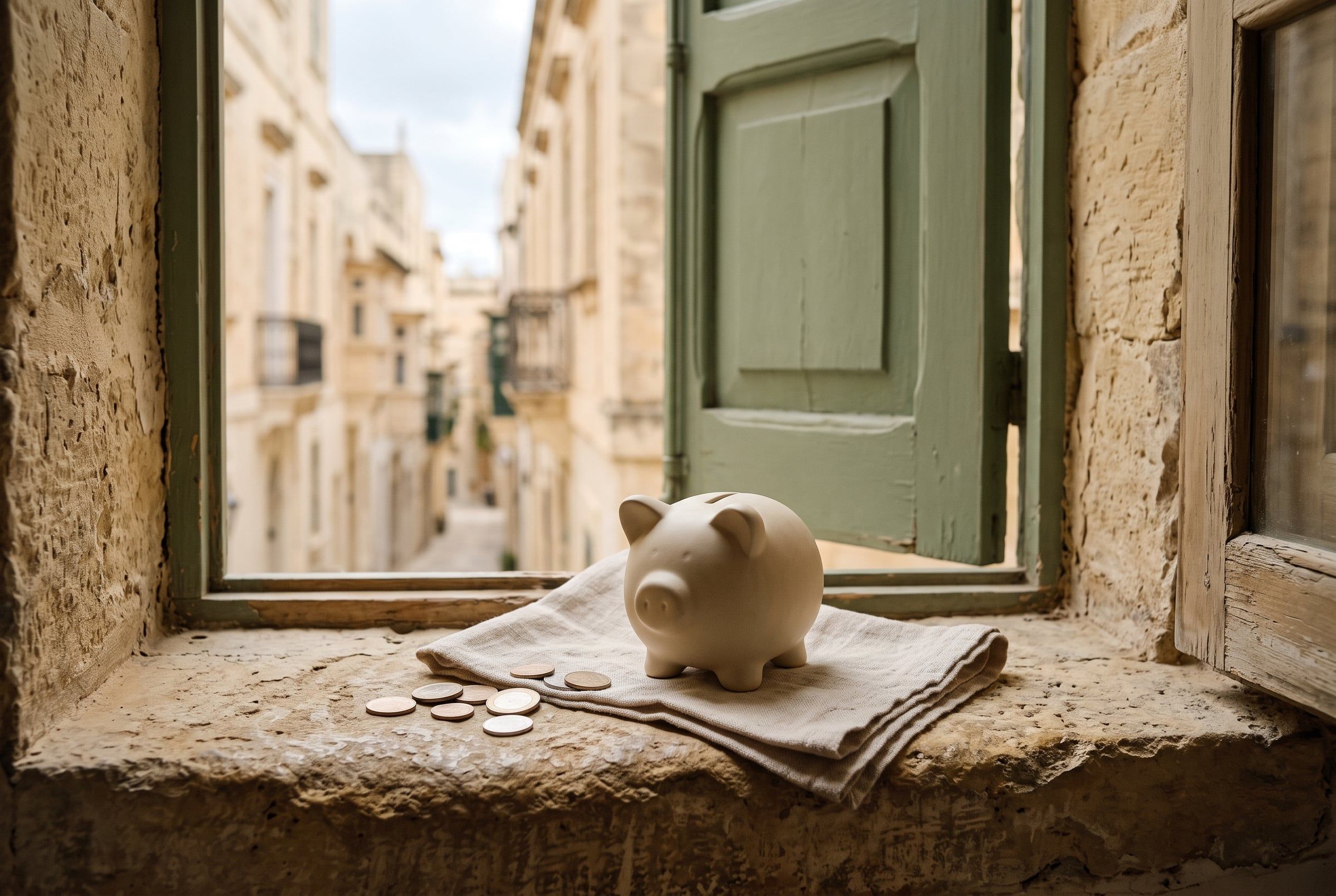 A cream ceramic piggy bank and a few plain coins on a linen cloth on a limestone window ledge above a Valletta lane