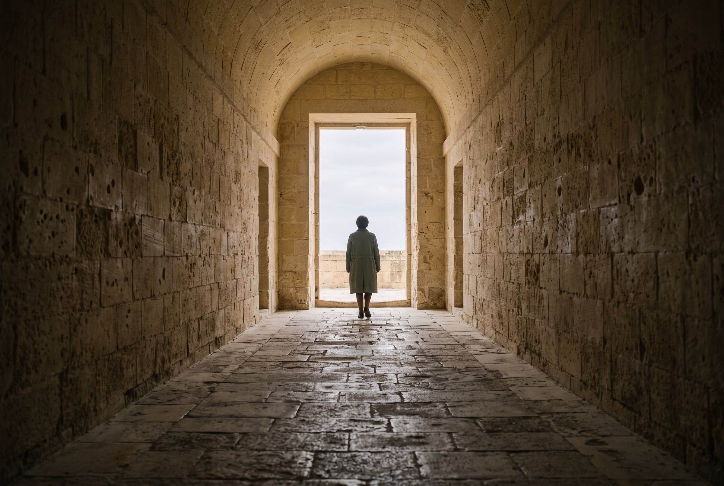 A person seen from behind walking along a stone corridor towards an open, sunlit doorway