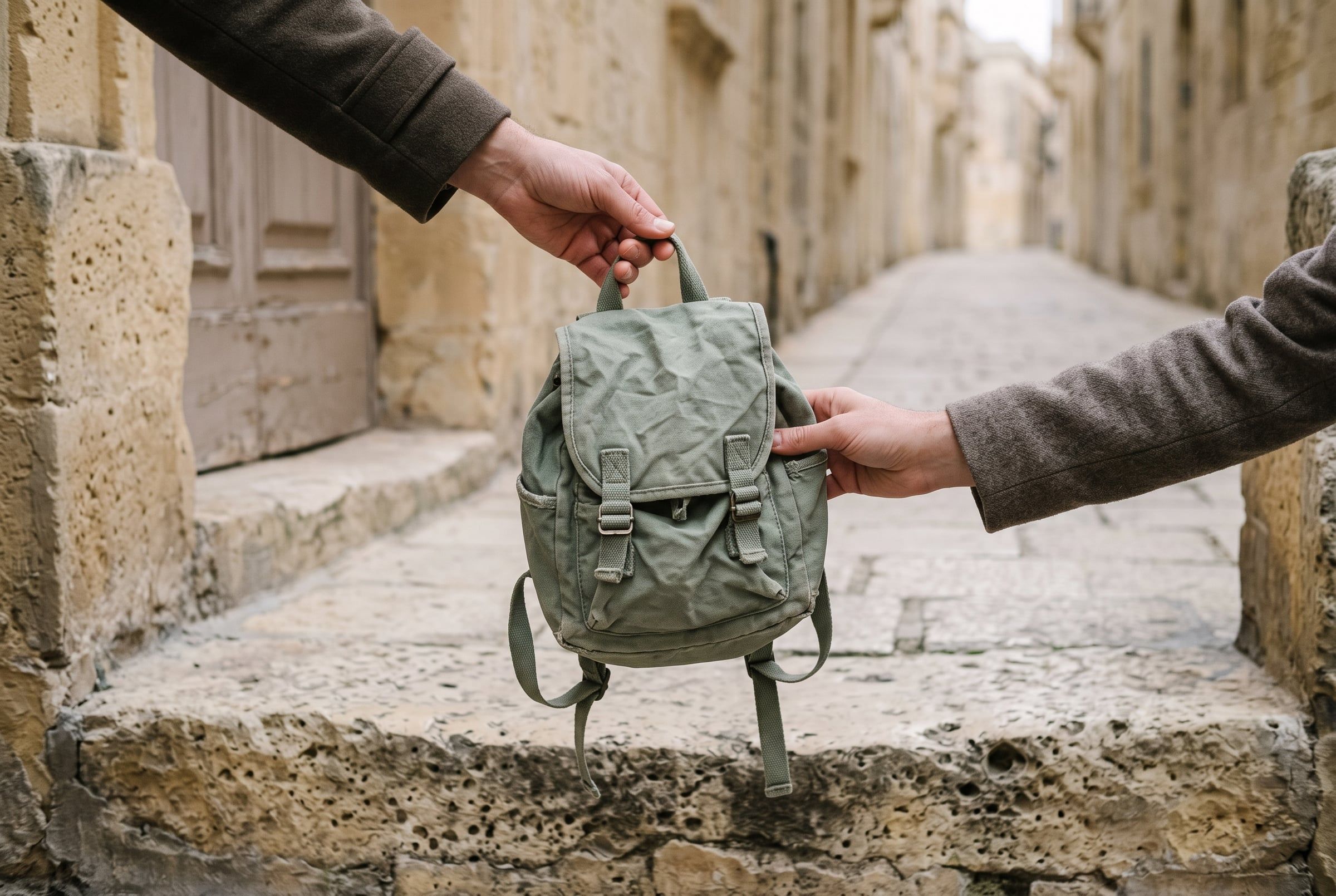 Two adult hands passing a child’s small rucksack on a limestone doorstep