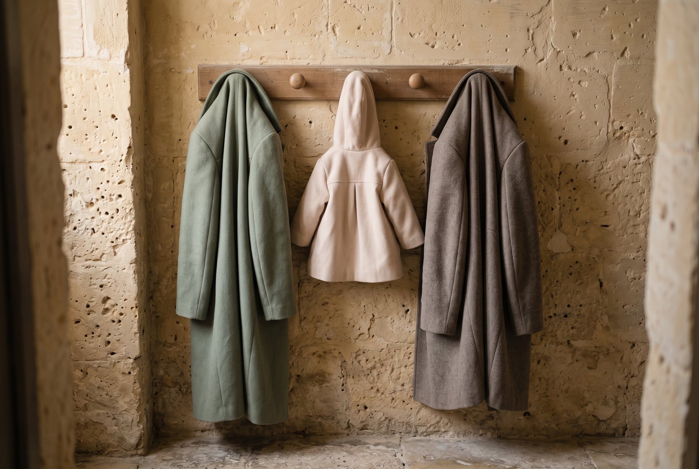 Two adult coats and a small child's coat hanging side by side on wooden hooks