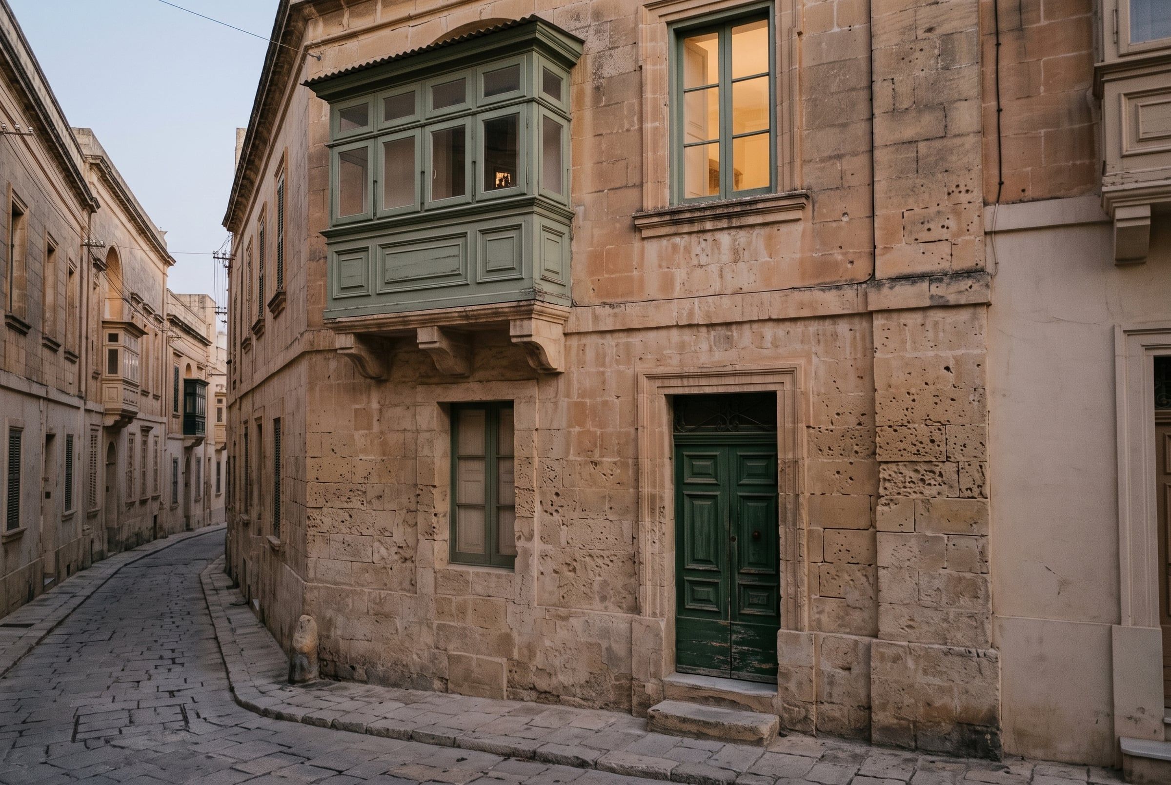 A limestone townhouse with a green door and a lit window at dusk