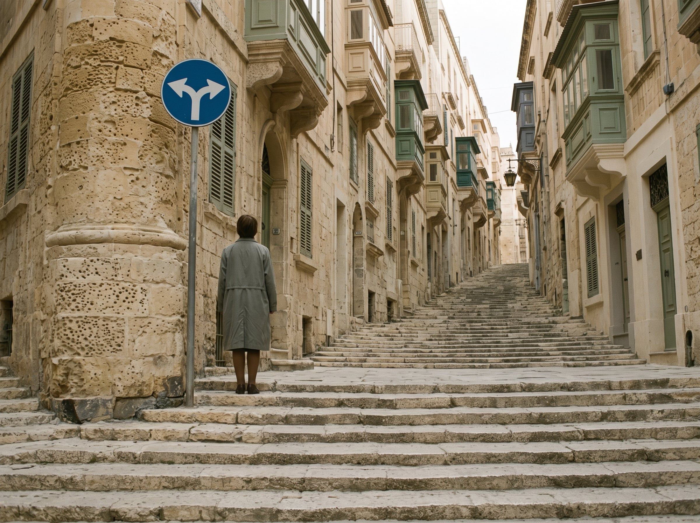 A person standing where a flight of steps divides into two lanes in Valletta
