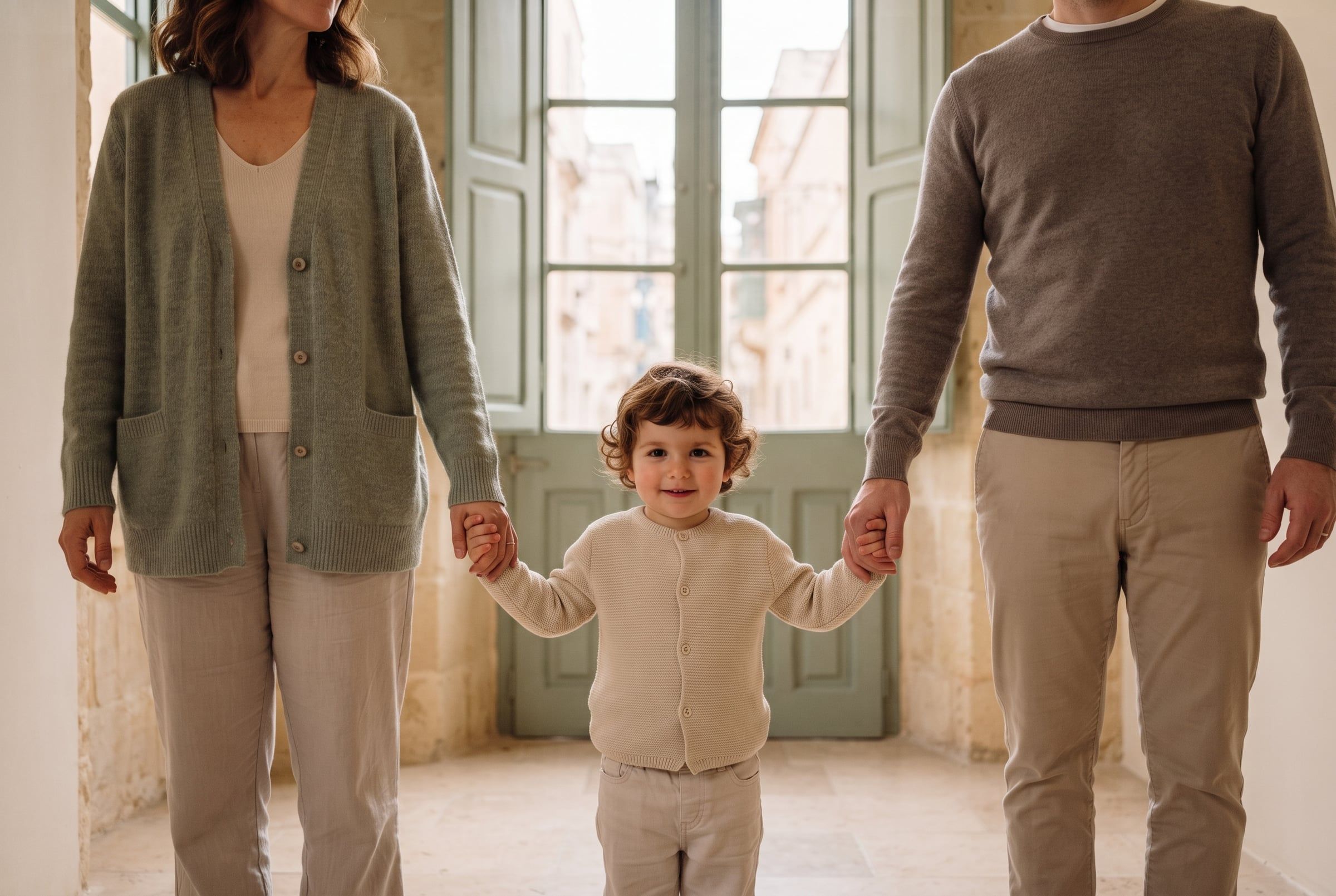 A young child holding the hands of two parents who are cropped at the neck, in a limestone hallway in Malta