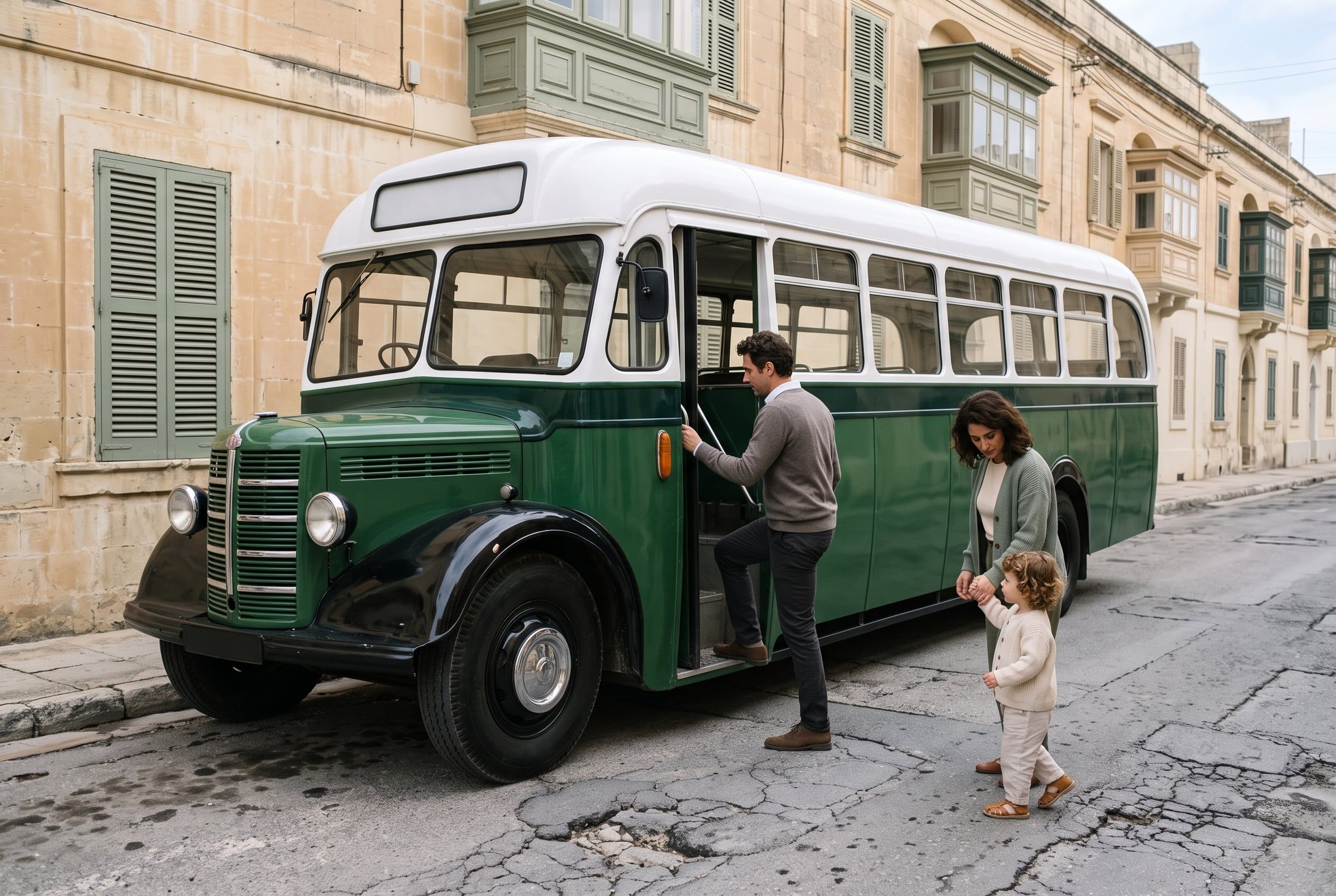 A young family boarding a vintage green bus on a narrow limestone street in Malta