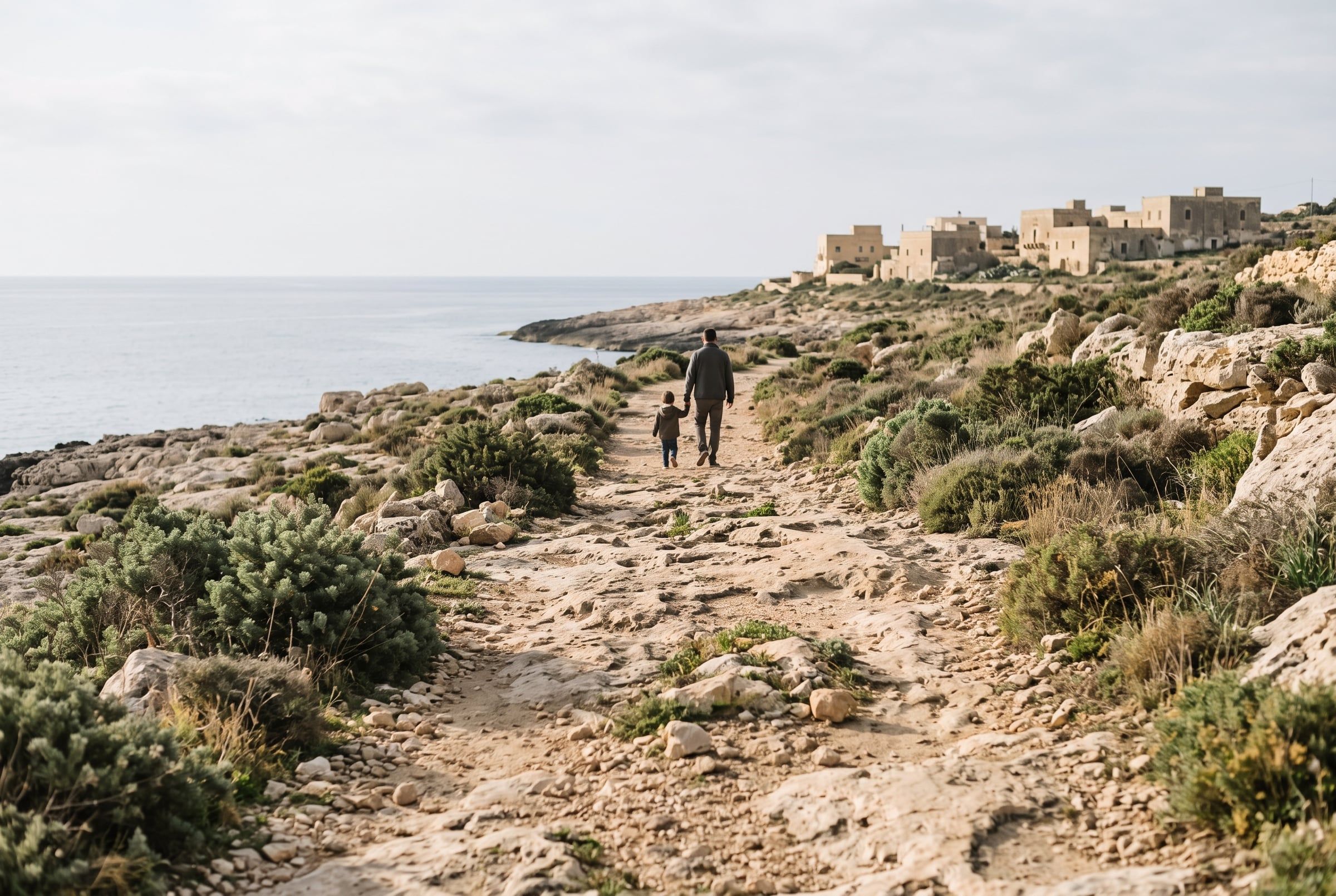 An adult and child walking together down a quiet street in Valletta