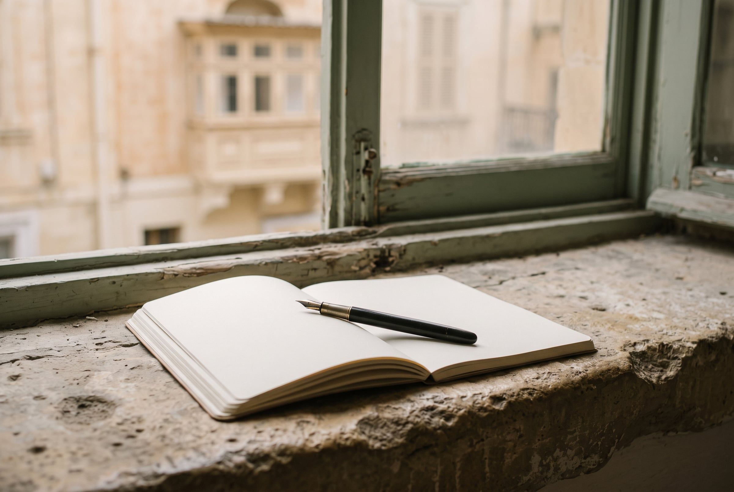 An open notebook and pen on a limestone window ledge